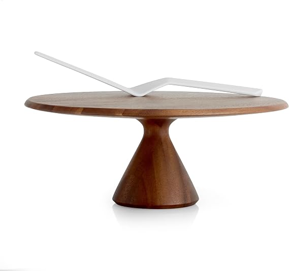 Nambe Quatro Cake Plate with Server | Acacia Wood Footed Cake Stand and Porcelain Cake Knife | Dessert Display Stand for Cupcakes, Cookies, Birthday Parties, and Weddings (11.5")