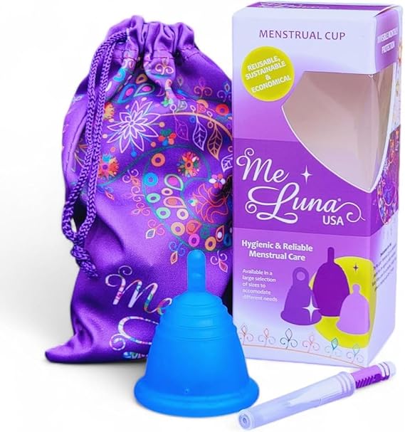 Most Customizable Menstrual Cup with Stem Handle | MeLuna Me Luna | Comfortable Period Cup Reusable Cup | Tampon Pad Alternative for Low Cervix | Shorty (Blue - Large)