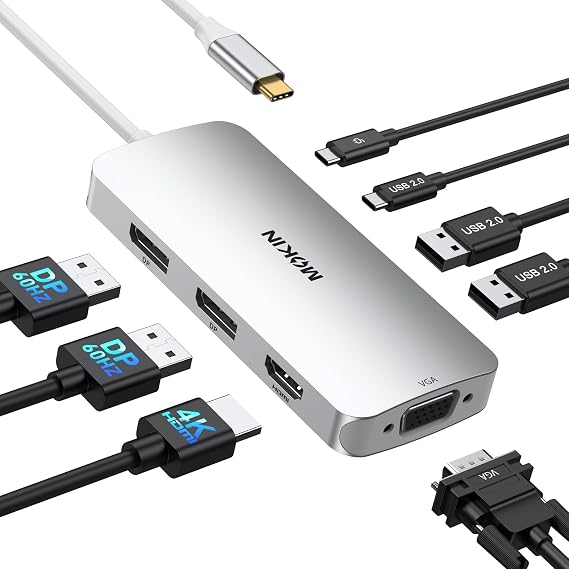 USB C Docking Station Dual DisplayPort, 8 in 1 USB Hub with 2 DP, HDMI, VGA, USB C 2.0, A 2.0, PD Charging Port, Multi Monitor Adapter for Dell/HP Laptops, Silver