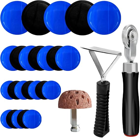 34Pcs Tire Patch Kit Tire Repair Tools, Tire Patch Roller Kit Tungsten Steel Buffing Wheel with Inner Liner Scraper Tire Patches for Car Motorcycle Bike Grinding (42 mm)