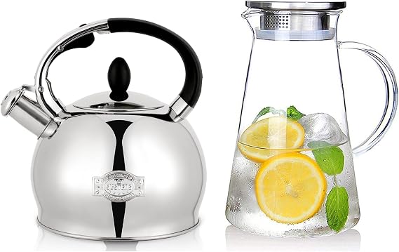 SUSTEAS 2.64 Quart Stove Top Whistling Tea Kettle and 68 ounces glass pitcher with lid for homemade beverage