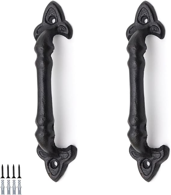 2 Pieces Black Gate Handle, Cast Iron Vintage Door Handle Pull, Length 185mm, Shed Door Handles, Screws Included, Suitable for Sheds, Barn, Garages, Cupboards, Bathroom Handles
