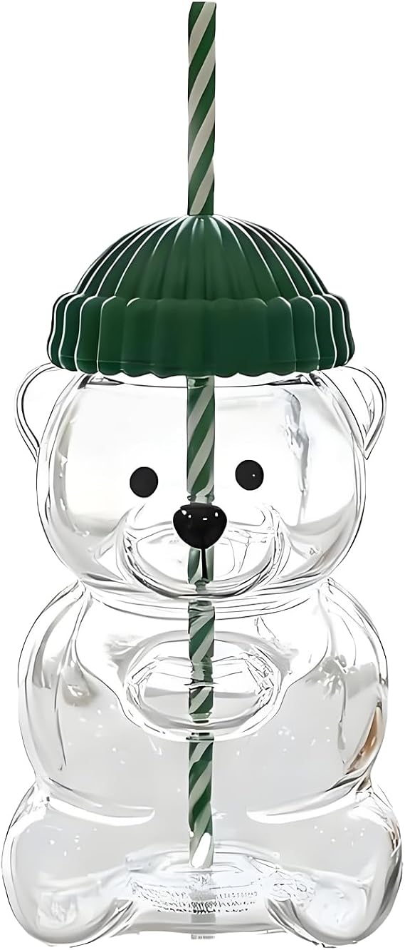 Cute Bear Glass Cup, Glass Bears Cup with Lid and Straw, Bears Shaped Glass Cup