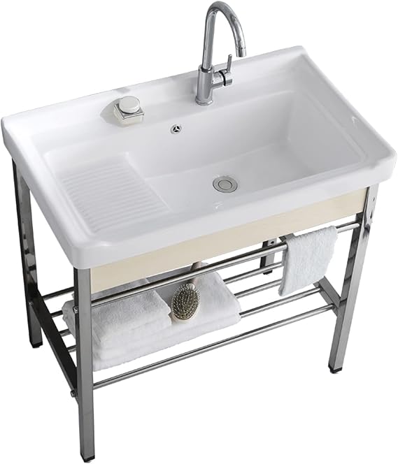 Ceramic Bathroom Vanity Sink Free Standing Console Pedestal laundry Tub Sinks Wash Basin Station Porcelain Vessel Basin Rectangle with Metal Legs Stand Vanity Sink Storage Shelf for Farmhouse,Restaura