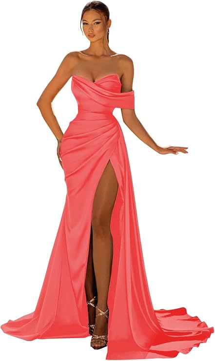 Women's Satin Bridesmaid Dresses with Slit Mermaid Off Shoulder Long Corset Prom Dresses Formal Gown