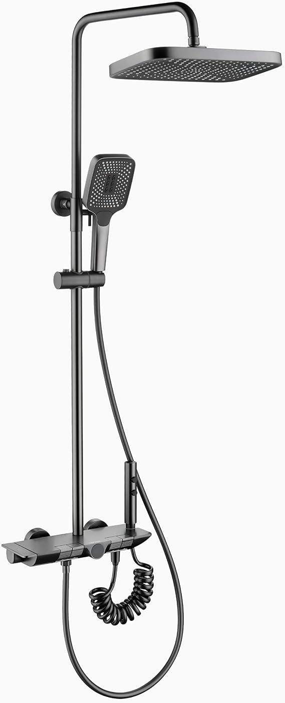 Lefton Temperature Display Shower Set with Dual Shower Head, Waterfall Shower Faucet Set with Spray Gun, 4-in-1 Control System, Adjustable Water Outlet Modes and Hot & Cold Water, Grey, SST2204-2