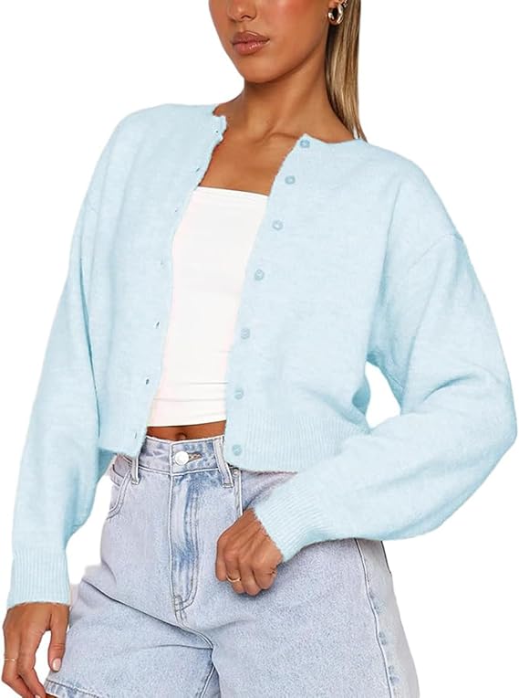 RUEWEY Women Y2k Crew Neck Button Down Long Sleeve Cropped Cardigan Knitted Sweater Light Jacket