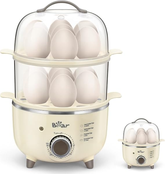Bear Egg Cooker,14 Egg Capacity Rapid Electric Egg Cooker with Auto Shut-Off Timer for Hard Boiled Eggs, Poached Eggs, Scrambled Eggs, or Omelets,Single or Double Layer Use