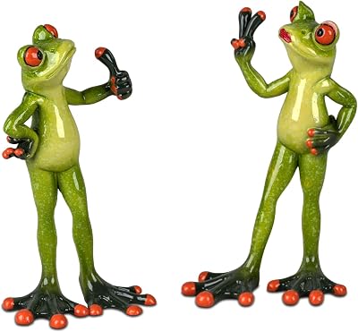 Set of 2 Frog Pair Thumbs Up  Victory Funny Frogs Figurine Decoration Hand-Painted Artificial Stone Sculpture Frog House