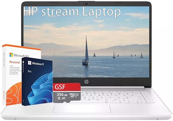 HP Stream 14 Inch Laptop Student Business, Windows 11 Pro, Microsoft 365, Intel Quad-core, 16GB RAM, 320GB Storage(64GB eMMC+256GB MSD), Ultra Light, Webcam, White, with Hub