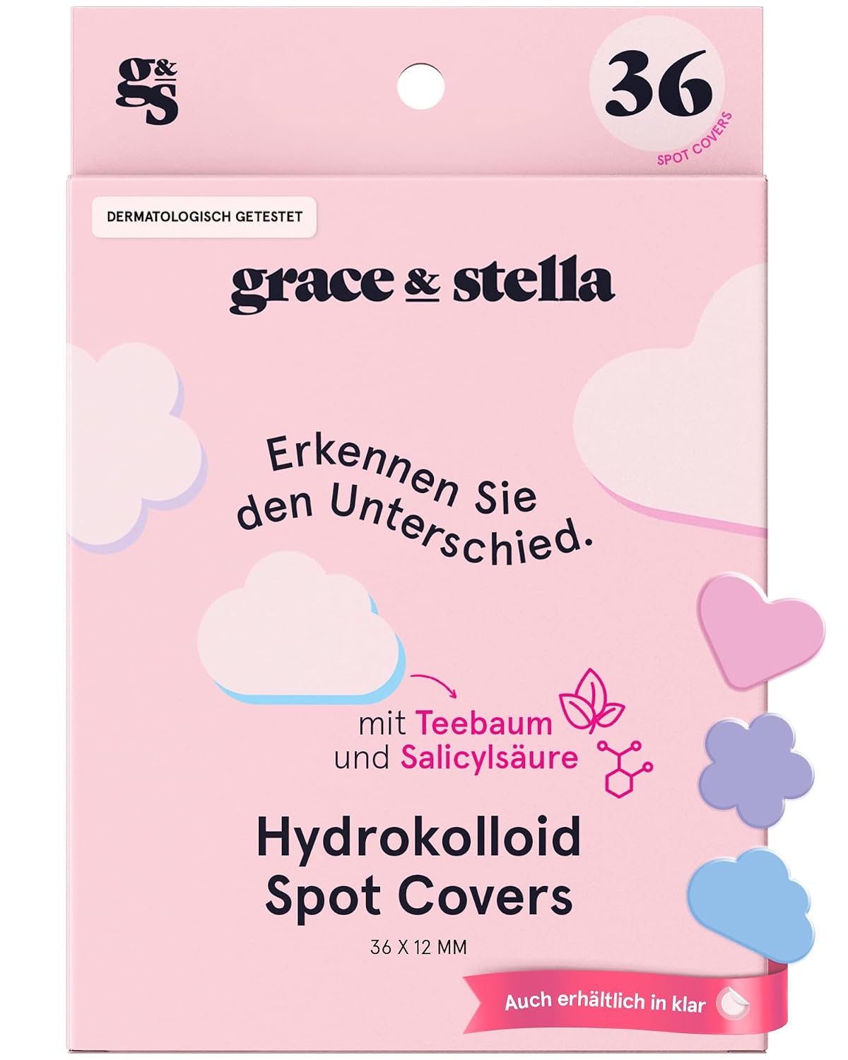 grace & stella Pimple Patch Spot Cover Hydrocolloid Patches for Face Dermatologist Tested & Vegan Spot Cover Various Shapes Pack of 36