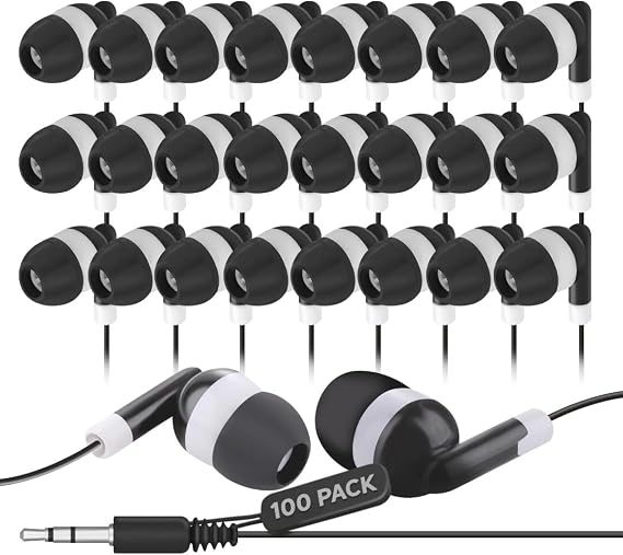 JustJamz Bulk Earbuds 100 Pack | Wired in-Ear Earphones for Classroom, Students, Kids, and Libraries | Disposable Headphones with 3.5mm Jack, Perfect for Schools, Laptops, and Chromebooks, Black