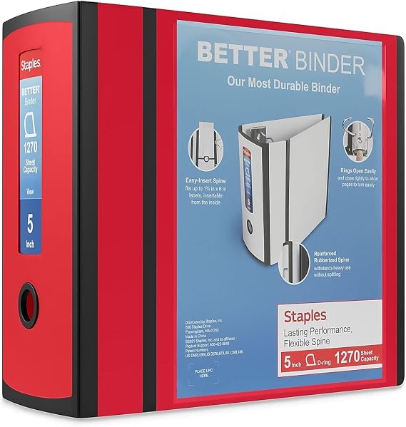 Staples Better 5-Inch D-Ring View Binder, Red, Reinforced Spine