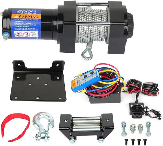 4000LBS Electric Winch kit ATV UTV Truck Steel Cable Winch | 4000LBS 12V Steel Cable Winch, with Wireless Remote Controller & Control Box & Roller Fairlead & Mounting Plate, Hook