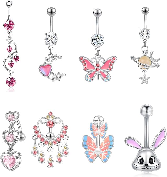 8pcs 14G Stainless Steel Belly Button Rings Navel Rings CZ Curved Barbell Piercing Belly Rings for Women