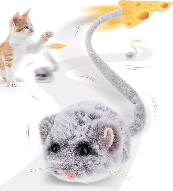 Migipaws Interactive MigiMouse Cat Toy 360 Rolling & Spin with Wiggling Tail for Indoor Cats Smart Motion Sensor, Realistic Squeak, Rechargeable Plush Kitten Toy(Grey Long)
