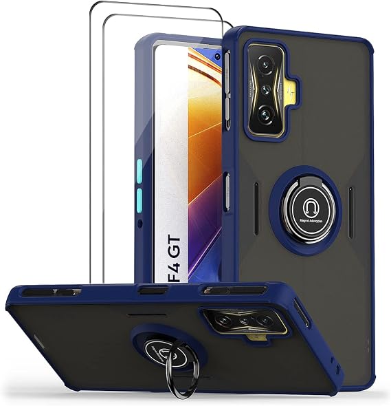 QUIETIP Case for Xiaomi Poco F4 GT & Redmi K50 Gaming,TPU + Hard PC Shockproof Magnetic Ring Car Mount Holder Bumper Cover with 2 Pack Tempered Glass Screen Protector,Blue