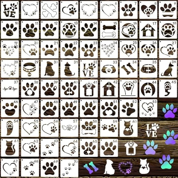 70 Pcs Cat Dog Paw Print Stencils for Painting-2 Inch Reusable Small Animal Footprint Stencils for Cookie Rock Wood Canvas Fabric Bread,Cute DIY Kids Drawing Template