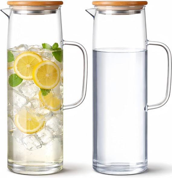 Hsei 2 Sets Glass Pitcher with Lid, 50 oz / 1500 ml Water Carafe with Handles Hot Cold Beverage Water Jar Glass Jug for Tea Juice Milk Coffee Iced Beverage