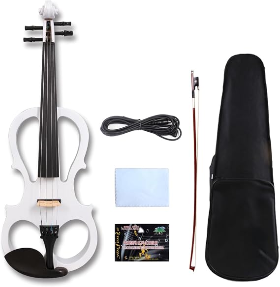 Vetimobato 4 String/5 String Silent Electric Violin 4/4 Full Size Solid Wood Practice Violin with Ebony Fittings AUX Cable Violin Case Bow Beginner Kit for Adults Teens (4 String White)