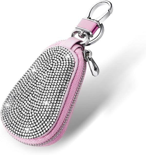 Bling Diamond Rhinestone Car Key Case, Auto Key Fob Cover Case, Key Fob Protector with Metal Hook, Car Smart Keychain Holder (Pink White)