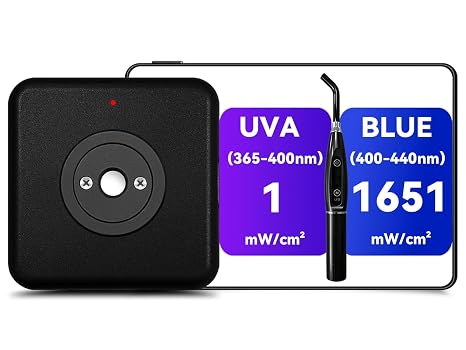 Dental Curing Light Meter for Blue & UVA LED Curing Lights, Bluetooth App, No Internet Required, Max Irradiance Test, Battery Included