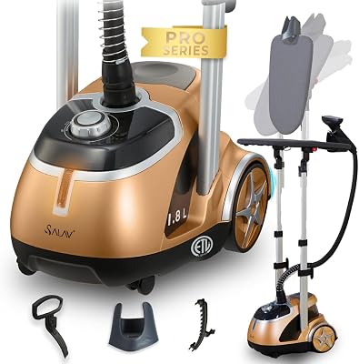 SALAV Professional Garment Steamer with Built-in Ironing Board, 1500W Continuous Steam, 4 Steam Settings, Chrome Finish, Stainless Steel Steam Plate, Removable 1.8L Tank, Wheels for Easy Movement