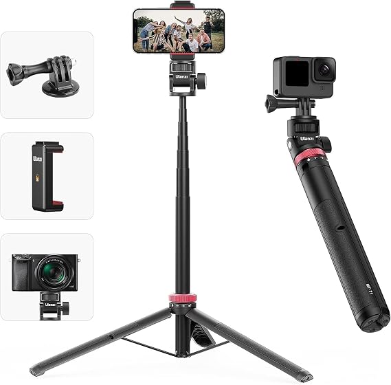 MT-71 57.48" Extendable Selfie Stick Tripod with Phone Clamp & Cold Shoe | 7-Section Aluminum Pole for Action Camera Compatible with Gopro/ DJI Osmo 360/Pocket 3&4/Insta360 X5/Phone 17 Smartphones