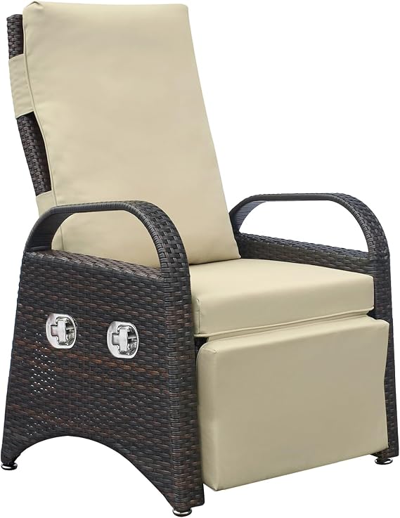 Skypatio Outdoor Recliner Chair, Independently Adjustable Backrest and Footrest All-Weather Wicker Patio Reclining Lounge Chair with Flip Side Table,Khaki