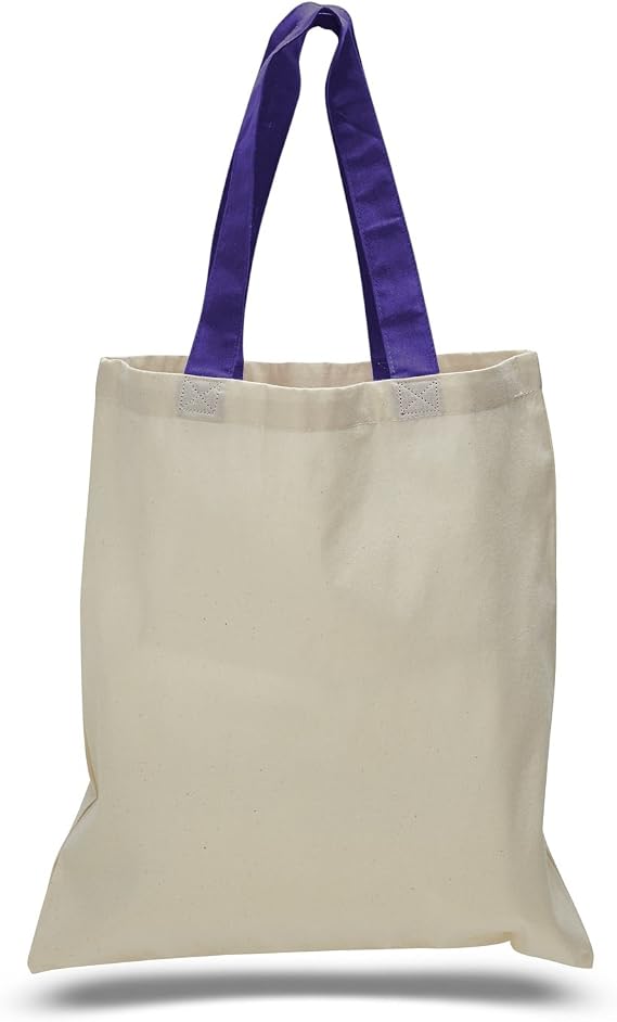 (12 Pack) 1 Dozen- Wholesale Cotton Tote Bags with Color Handles (Purple)