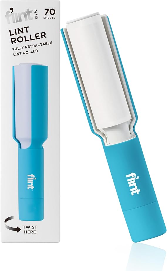 Flint Plus Retractable Lint Remover & Pet Hair Roller for Clothes Refillable & Reusable Lint Roller with 70 Extra Sticky Tear-Off Sheets Value Pack, Light Blue