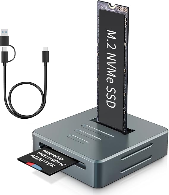 Aluminum M.2 NVMe SSD Enclosure Docking Station & SD Reader Adapter, M.2 to USB Adapter 10Gbps, Fast Heat Dissipation, Support NVME M-Key/(B+M) Key SSDs Dock, Gray