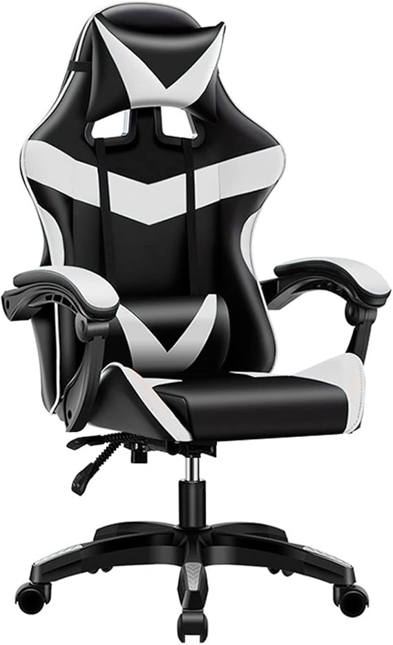 Ergonomic Gaming Chair Style PU Leather Heavy Duty 360 Swivel Racing Desk Adjustable Headrest Lumbar Support,Black (White)