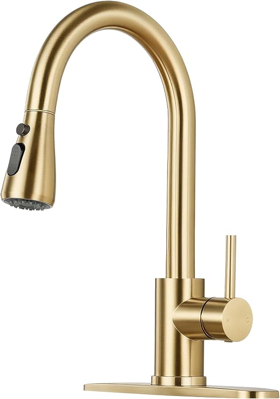 Brushed Gold Kitchen Faucet with Pull Down Sprayer and Deck Plate