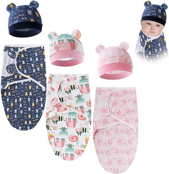 3 Set Baby Swaddle Sleep Sack with Hat, Soft Swaddling Blankets for 0-3 Months