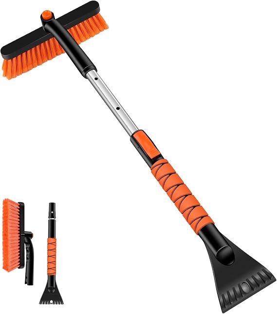 Odoland 33" Extendable Snow Brush with Detachable Ice Scraper for Car Windshield with Foam Grip and 360 Pivoting Brush Head for Christmas Car Auto Truck SUV, Orange