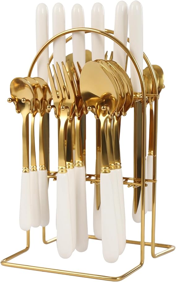 24PCS Cutlery Set with Stand, Stainless Flatware for 6 (White-B)