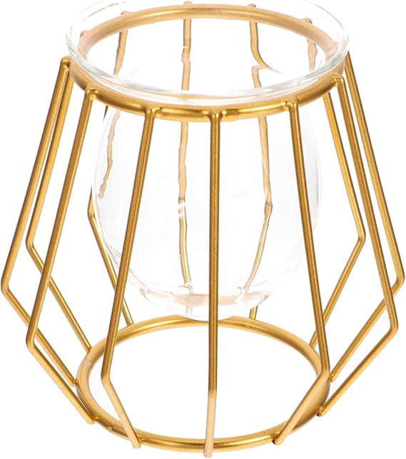 Hemoton Hydroponic Vase with Geometric Metal Frame 4 Inch Glass Flower Pot for Indoor Plant Display Rustic Footed Vase for Home Office Decor