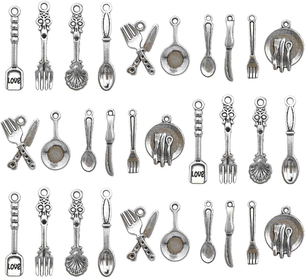 Kitchen Tableware Charms Baking Cooking Knife Fork Spoon Plate Pan Dinnerware Charm Pendant for DIY Jewelry Making Accessaries100pcs,Antique Silver