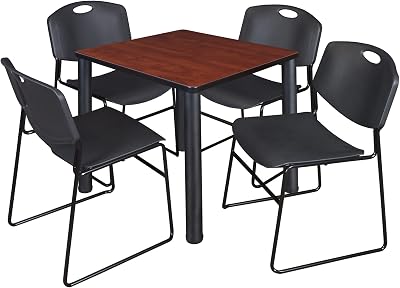 Kee 30 Square Breakroom Table- Cherry Black & 4 Zeng Stack Chairs- Black