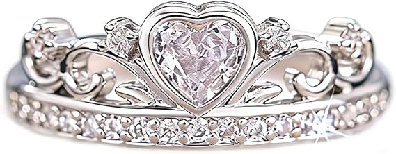 Koguxuix Princess Queen Crown Ring 925 Sterling Silver Shiny Eternity Heart-Shaped Cubic Zirconia Crystal Diamond Promise Ring Zircon Jewelry for Women(8)