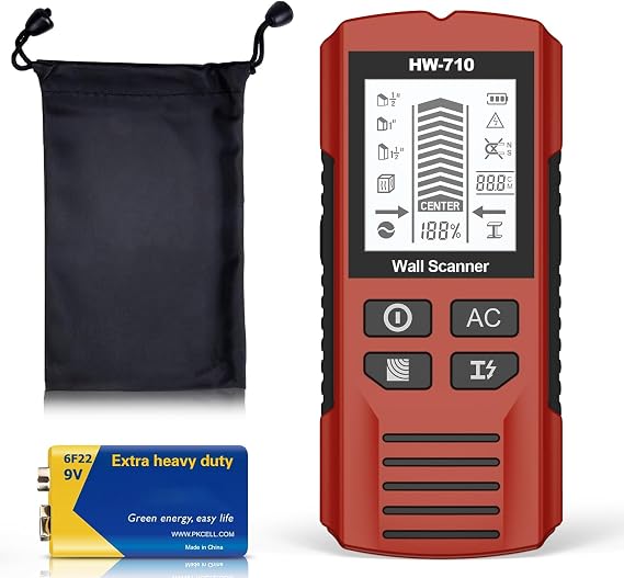 Multifunctional Handheld Metal & Wall Detector, 2025 New Stud Finder Wall Scanner with HD LCD Display and Audio Alarm, Multi-Function Wall Detector for Wood Metal and AC Wire Detection (Red)
