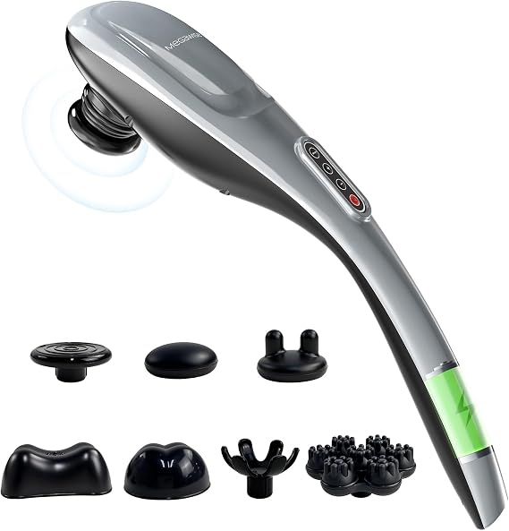 MEGAWISE Portable Deep Tissue Massager Cordless Handheld Device for Full Body Relaxation Back, Neck, Shoulder & Leg Use (Silver)