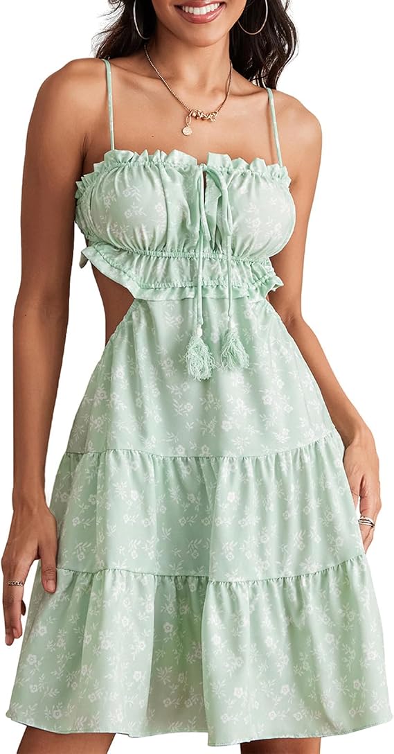 NIKDUCK Sexy Sleeveless Sling Dress for Women, Floral Printed Backless Low Cut Bodycon Mini Picnic Dress for Party Club