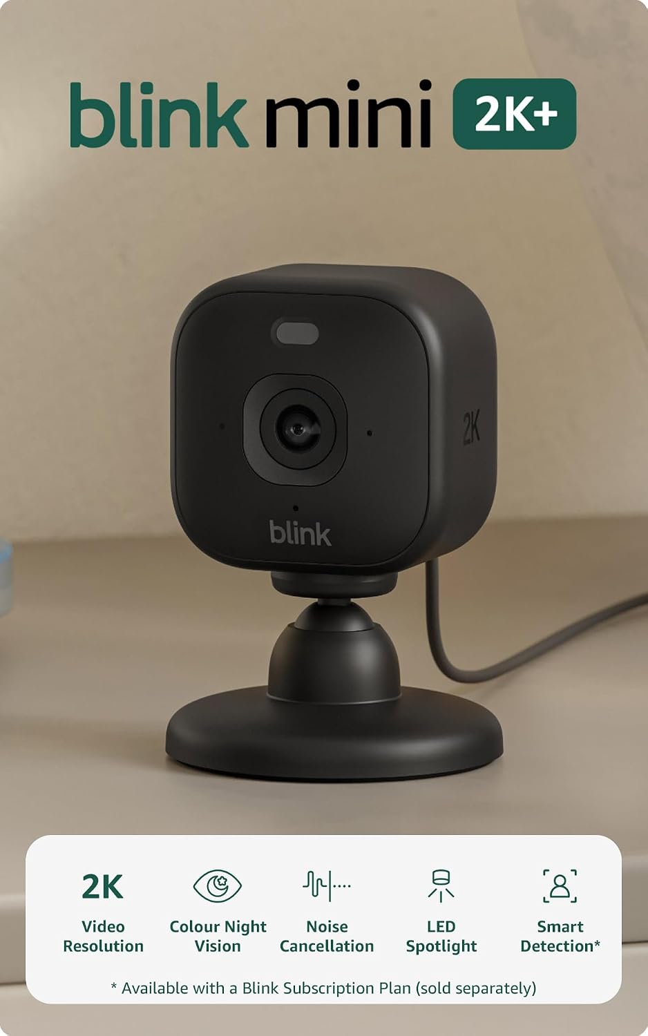 Blink Mini 2K+ (newest gen) Indoor Plug-in Home Security Camera | Pet camera with 2K video resolution | 4x Zoom | Colour night vision | Works with Alexa | 1 camera – Black