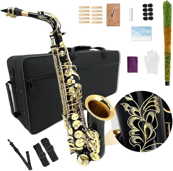 Vetimobato Nickel Black-golden Finish Eb Alto Saxophone Full Kit with Hard Case, Tuner, Mouthpiece, 10 Reeds, Pocketbook, Professional E Flat Saxophone for Beginners & Students