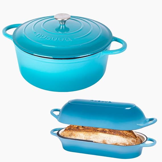 Nuovva Enamelled Cast Iron Dutch Oven Pot with Lid 1.2L / 6.4 Quart Non Stick Casserole Dish Heavy Duty Bread Pot for Sourdough, Braising, Stews & Roasting Oven Safe up to 500F 24cm / 28cm