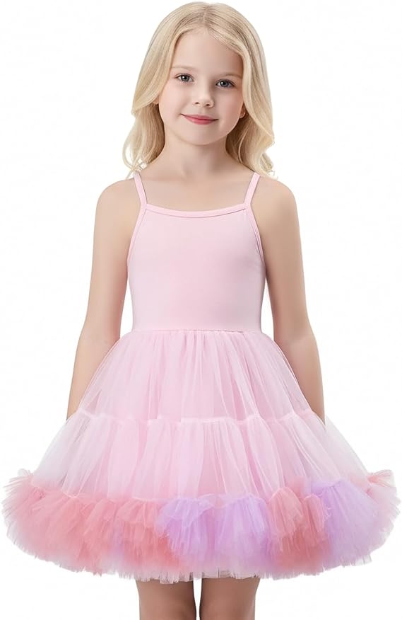 utu.kk Toddler Girls Tutu Dress Layered Tulle Rainbow Gradient Spaghetti Strap Princess Birthday Party Dresses