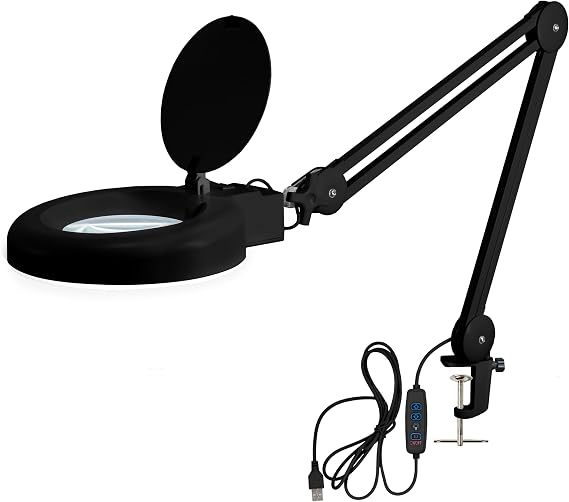 Neatfi LED Magnifying Lamp with Clamp | 12W | 60 SMD LEDs |1,200 Lumens | Adjustable Step Dimming | 2.25x Magnification Desk Lamp Magnifier for Crafts, Painting, and Hobbies (Black-2, 5-Diopter)