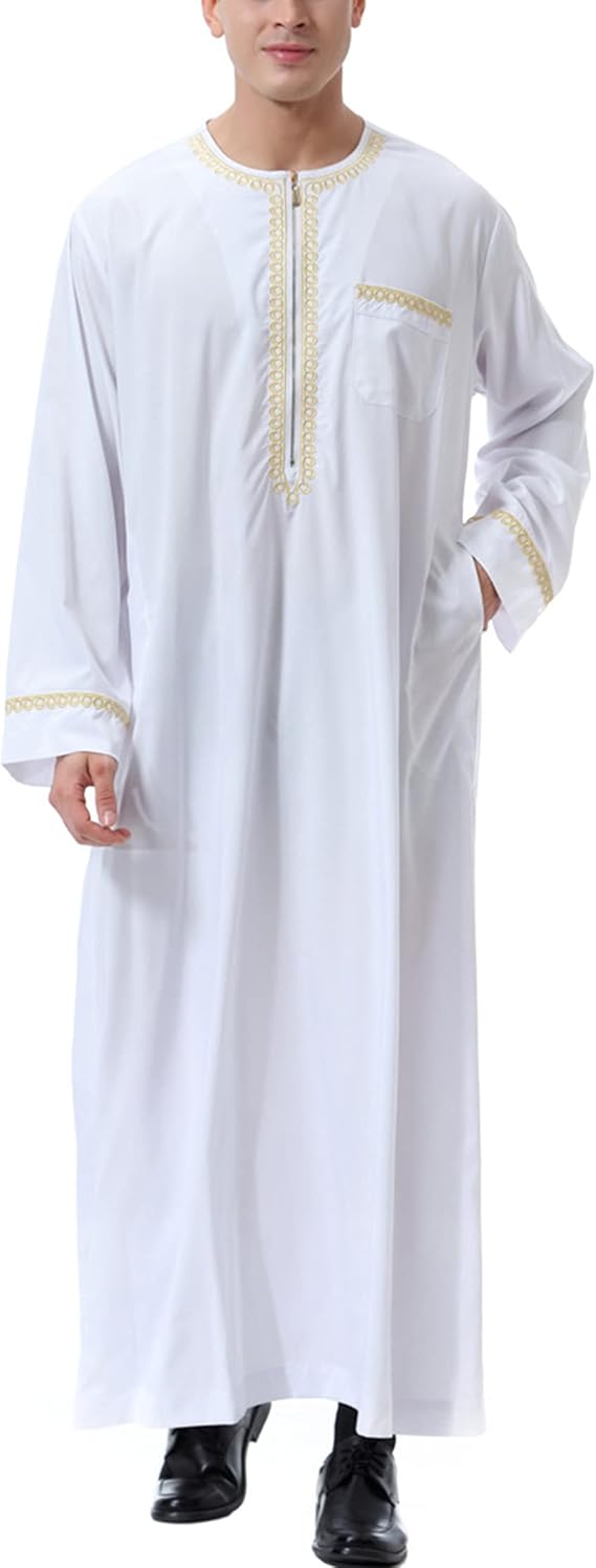 Thobe for Men Muslim Clothing Kaftan Jalabiya Abaya Arab Costume Round Neck Long Sleeve